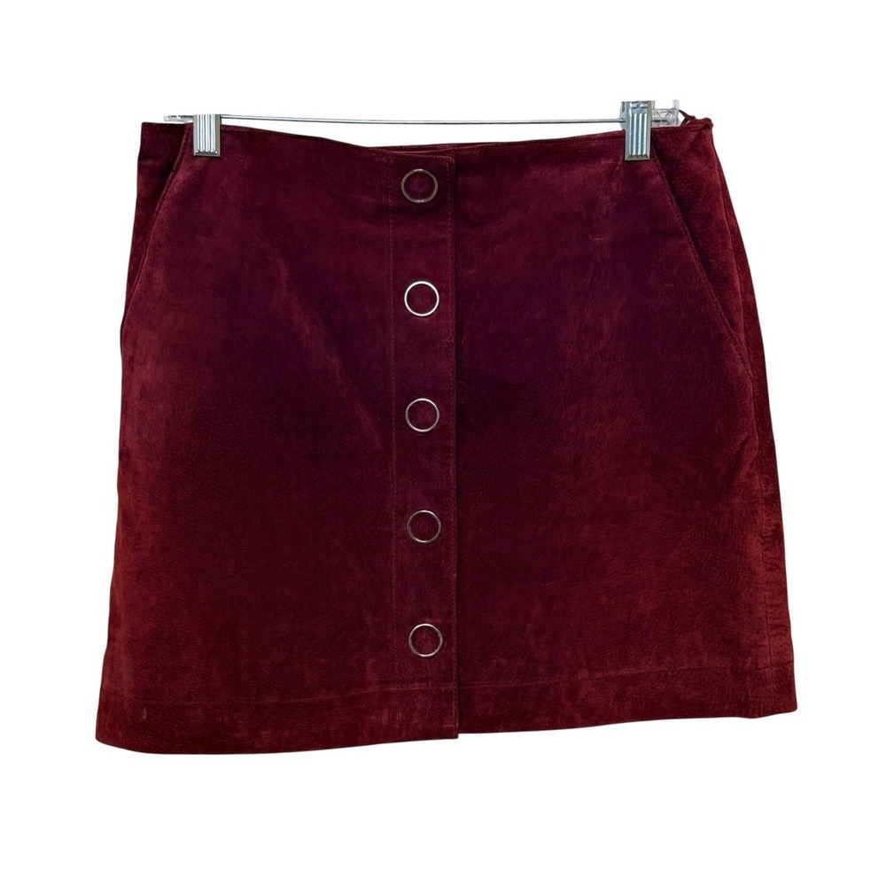 MNG Leather Burgundy Suede Button Front‎ Mini Skirt Sz Med Y2K